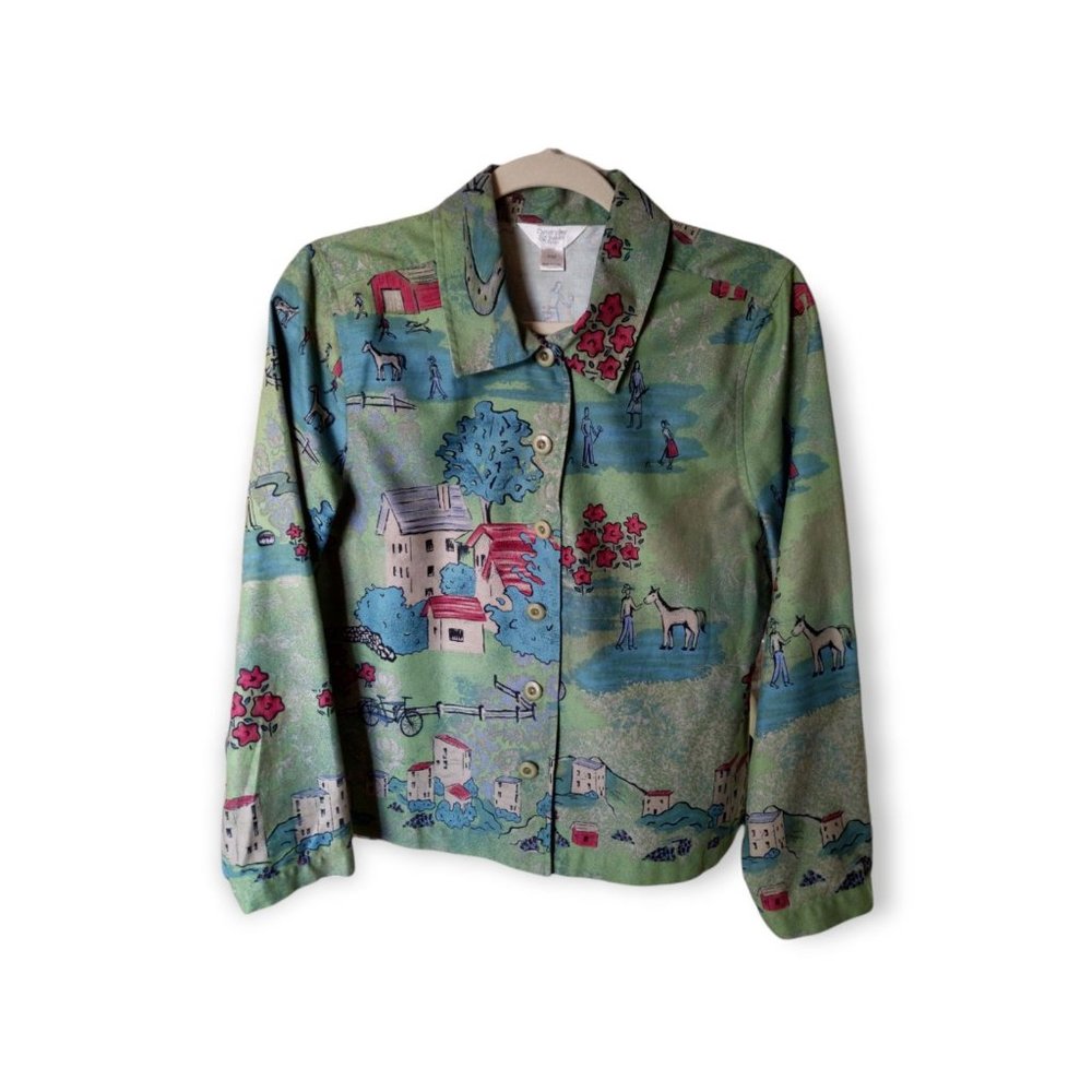 Christopher & Banks Womens Green Village Print Dress Jacket W/Button Sz M PETITE